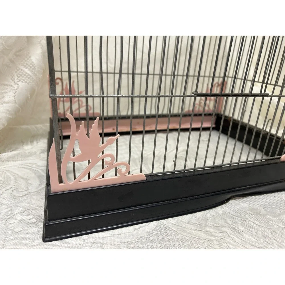 Vintage MCM Beco Bird Cage Pink Bird Accents Black Base MCM Incomplete